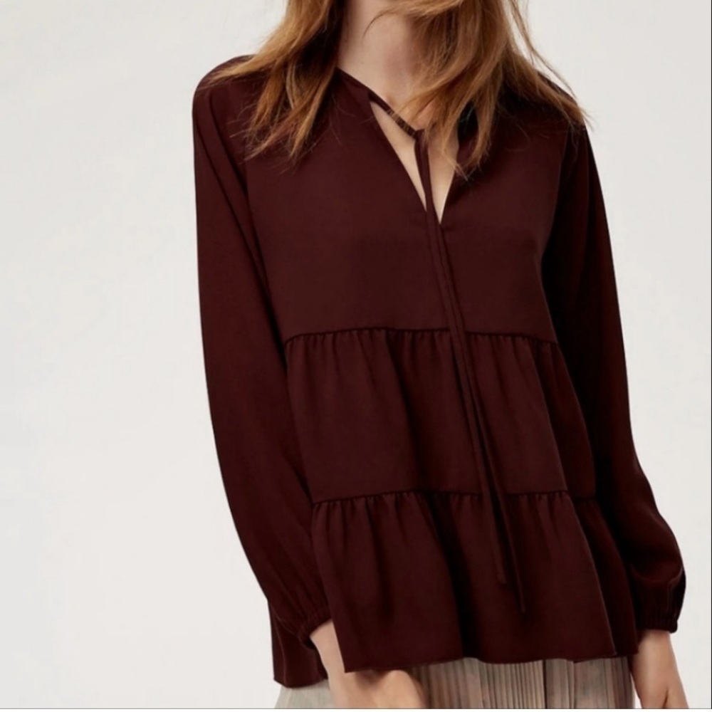 WILFRED Odette Blouse Brown Ruffle Tie Front Small Aritzia​​​​​​​